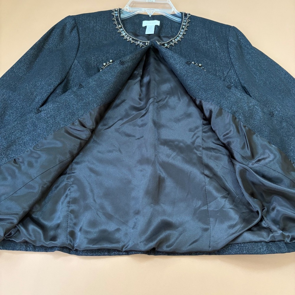 Chicos Military Band Denim Jacket Beaded Sequin Metallic Denim Black Blue 0 S - Picture 7 of 13